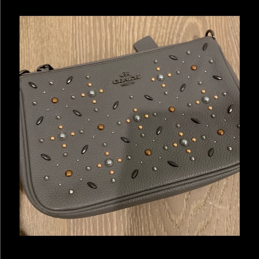 Coach Gray Studded Leather Wristlet with Mixed Metal Accents - Picture 2 of 6